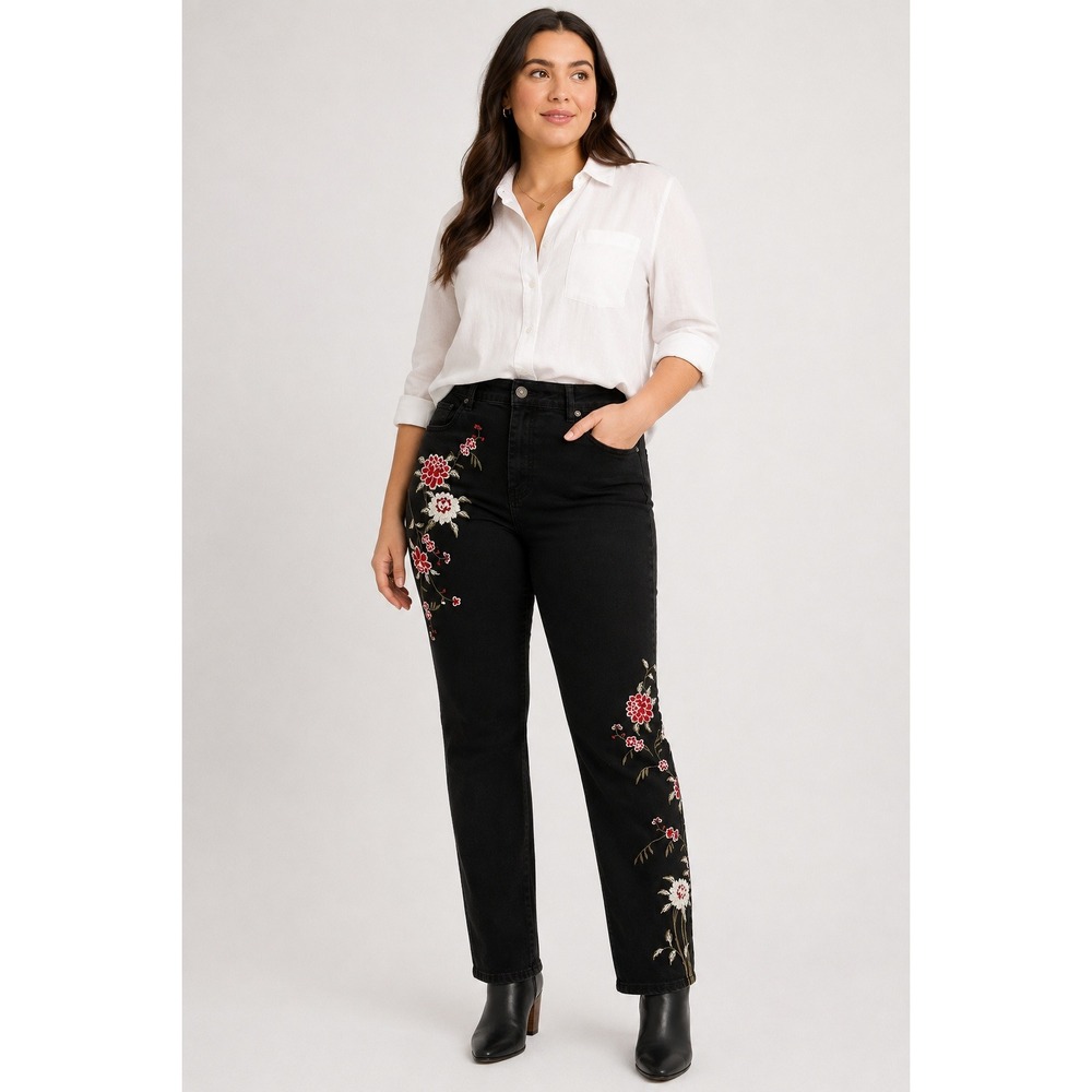 Sandpiper Womens High Rise Floral Embroidered Straight Leg Jeans Black Size 14